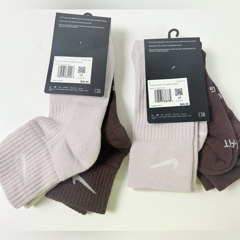Nike Crew Sock Ankle Socks Sets Matching w Logo Wool Blend Cushioned Dri-Fit NWT